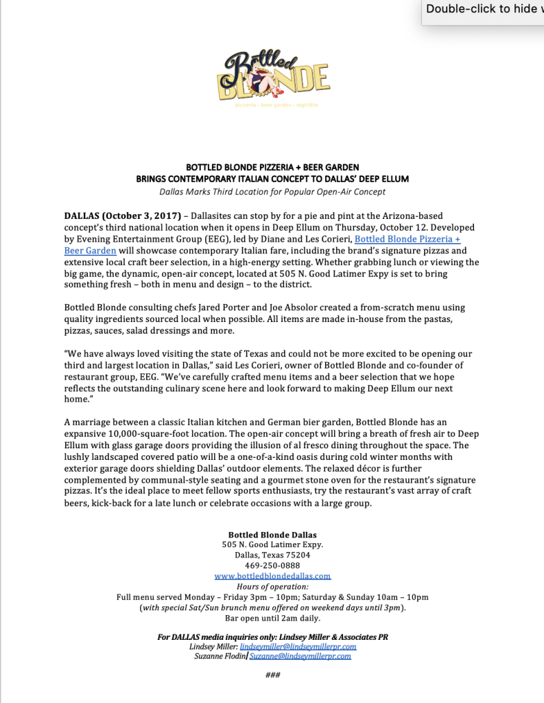 Bottled Blonde Dallas Press Release EEG